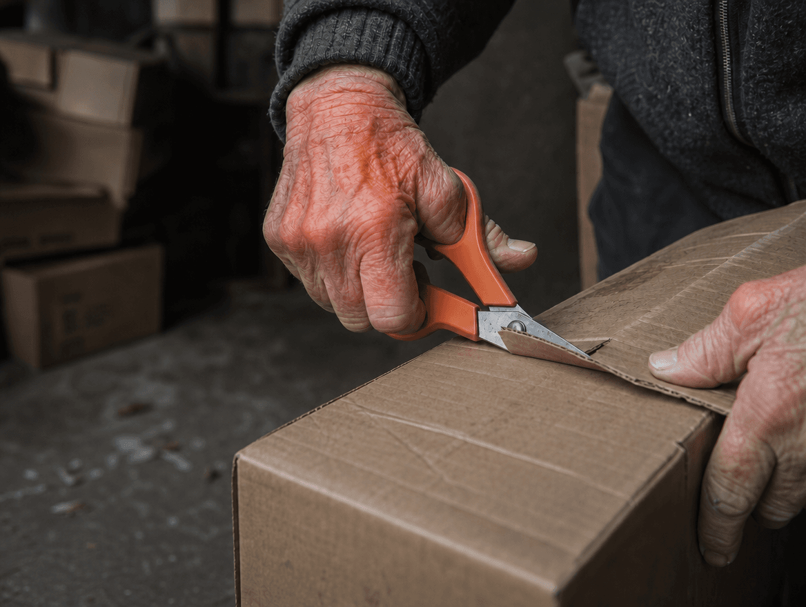 Older hands with reddened, aching joints gripping household scissors part way through the thick seam of a large cardboard box, with uncut boxes behind