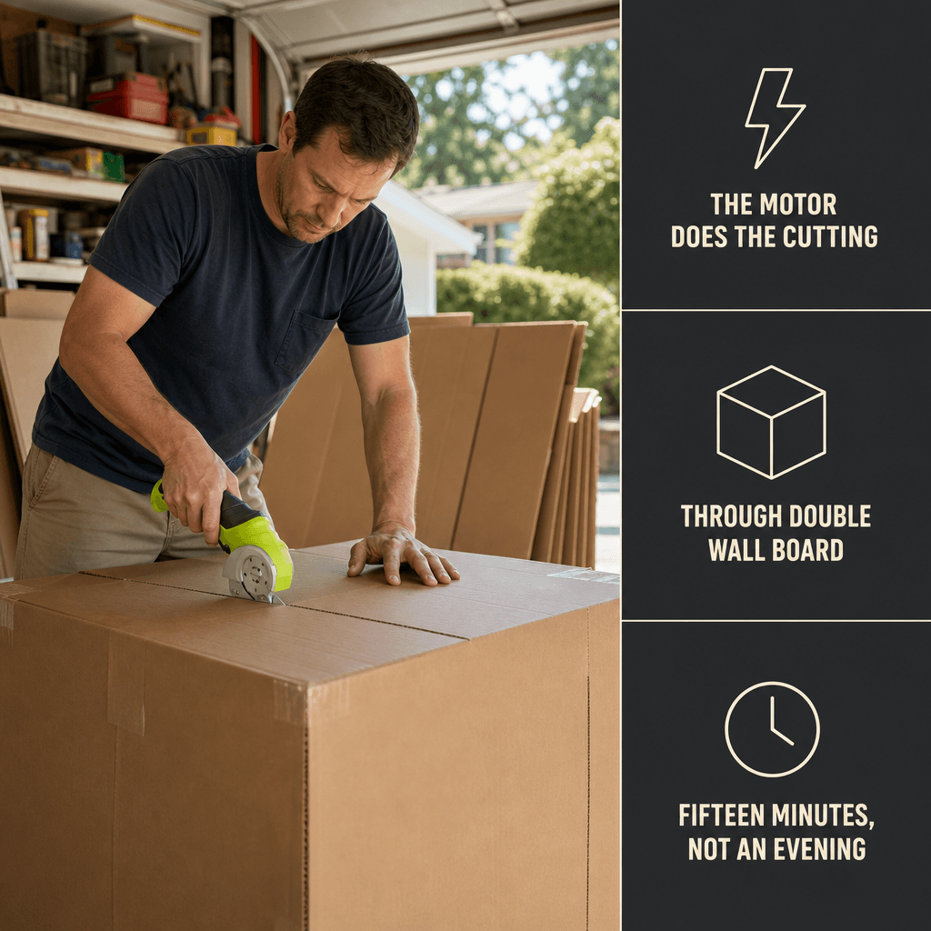 Lime-green electric scissors working through double-wall cardboard