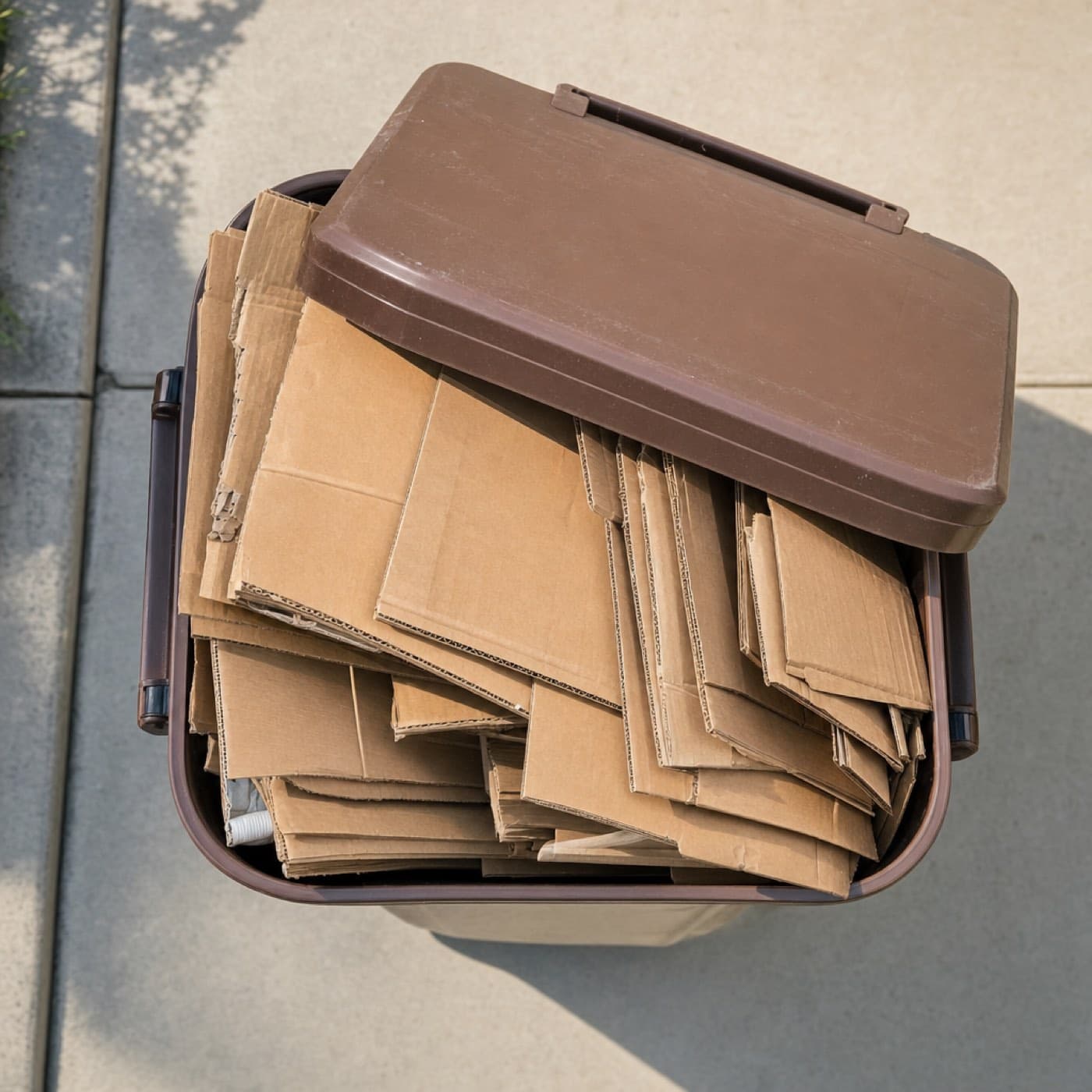 A recycling bin filled with cardboard pieces cut small enough for the lid to close