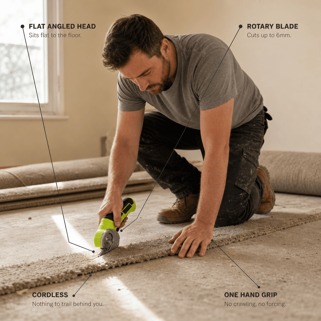 A man cutting carpet into removable strips with a lime-green cordless cutter