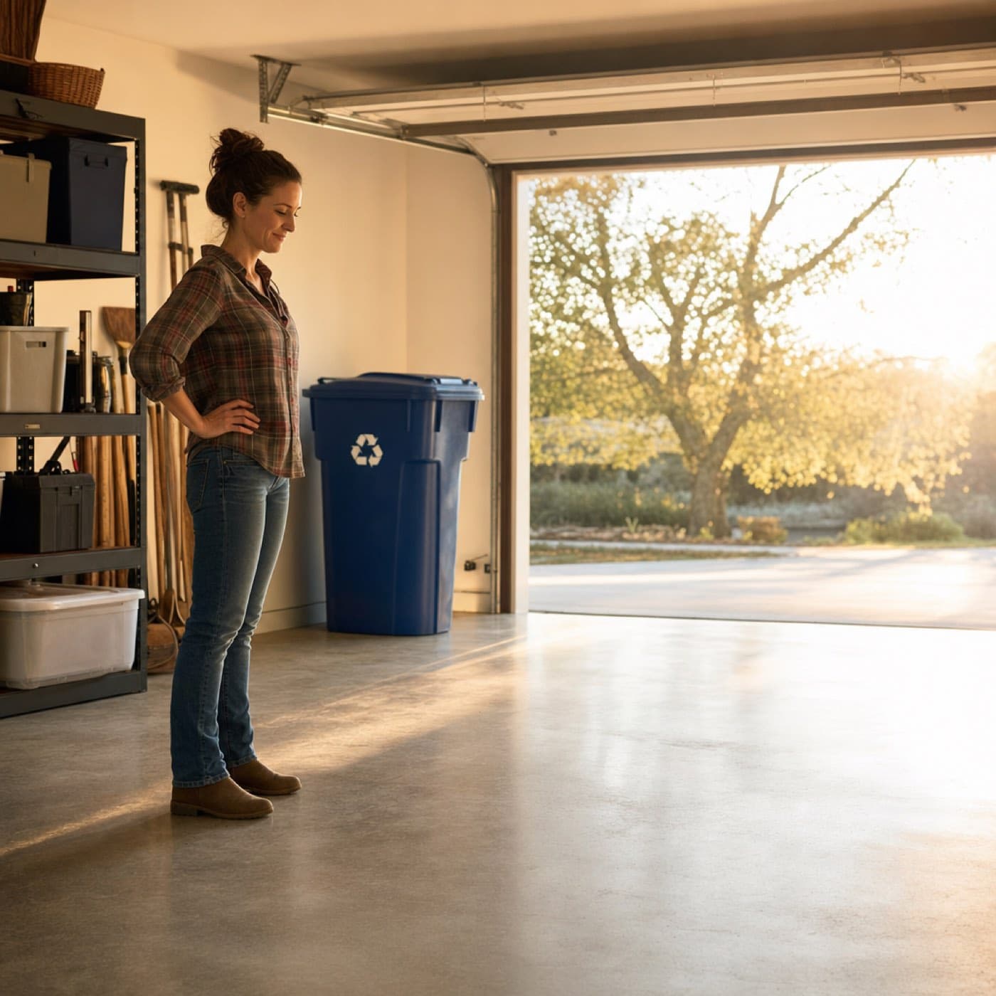 A homeowner standing in a cleared garage beside an empty recycling bin