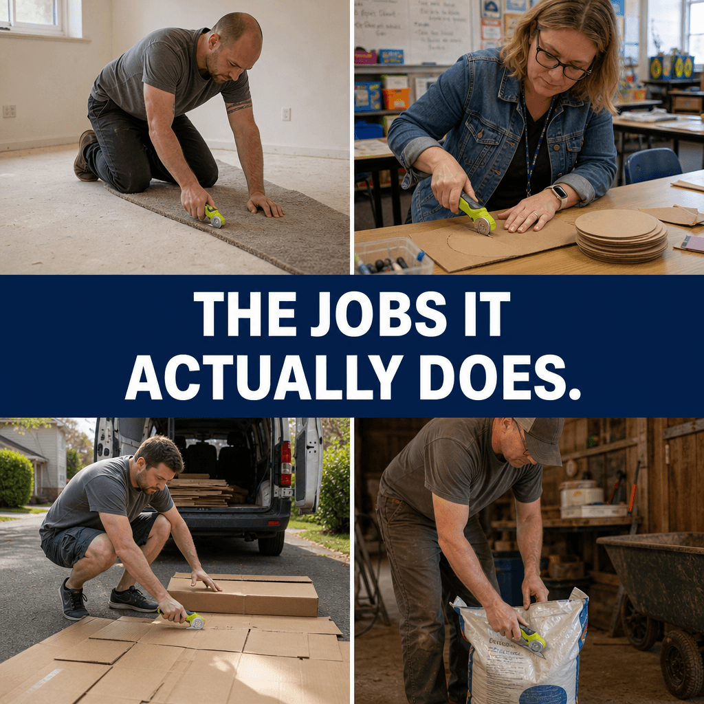 A seated person cutting delivery boxes into pieces with a lime-green cordless cutter