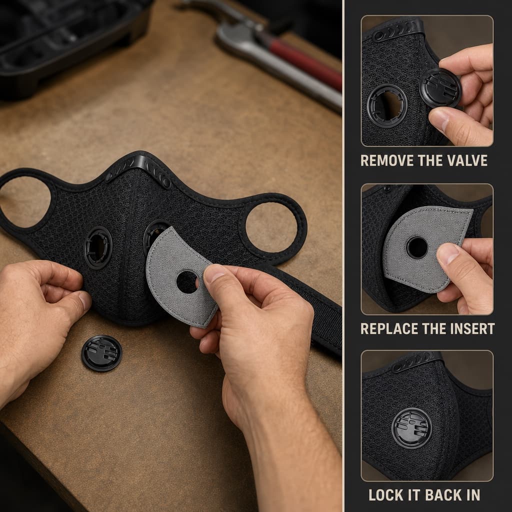 Hands removing and replacing the activated-carbon insert inside the Dustward mask