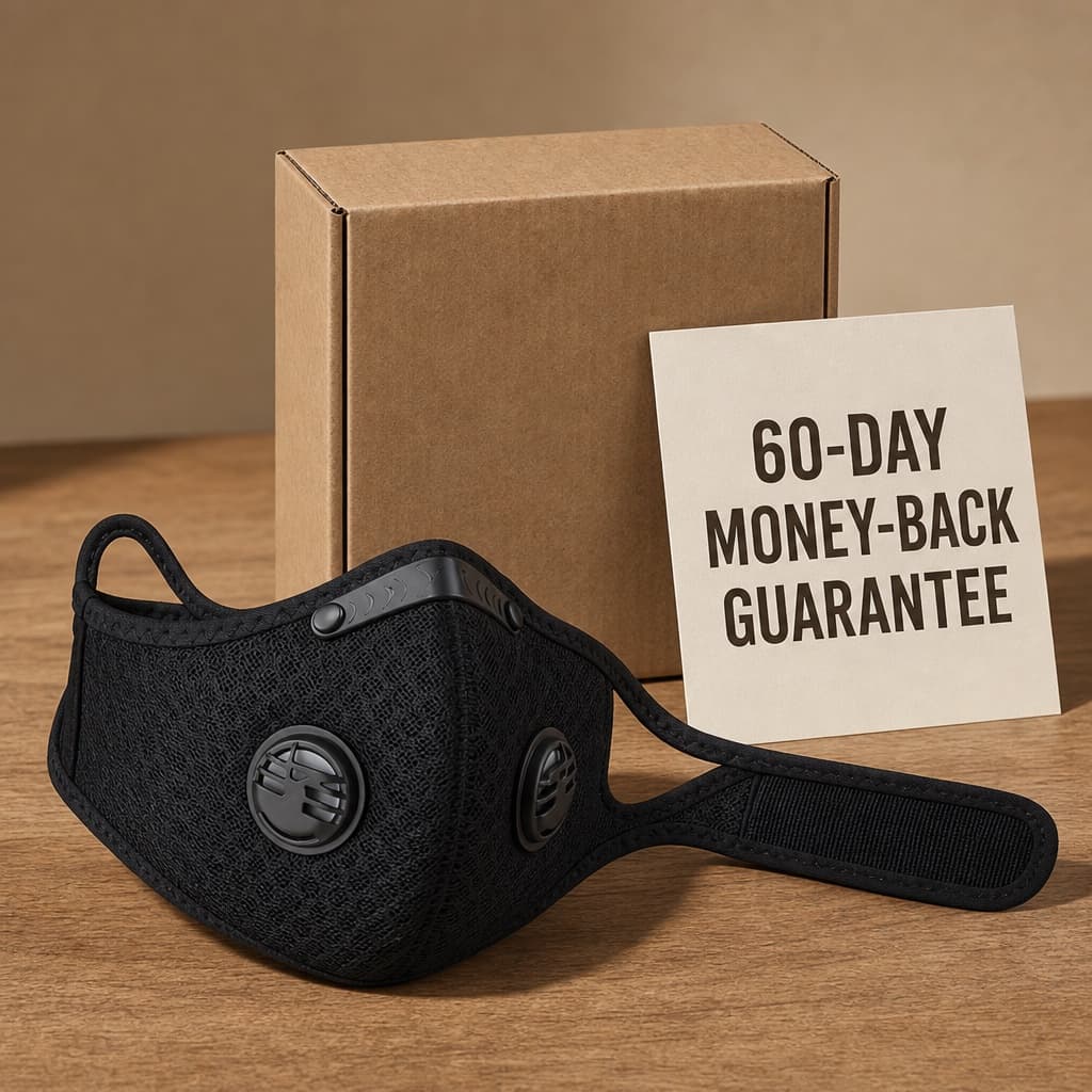 Dustward reusable mask and filter inserts beside a 60-day money-back guarantee badge