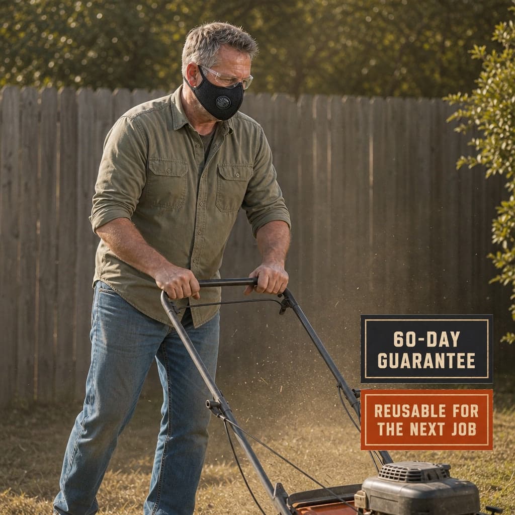 Worker wearing the black Dustward reusable work mask outdoors with guarantee and reusable badges