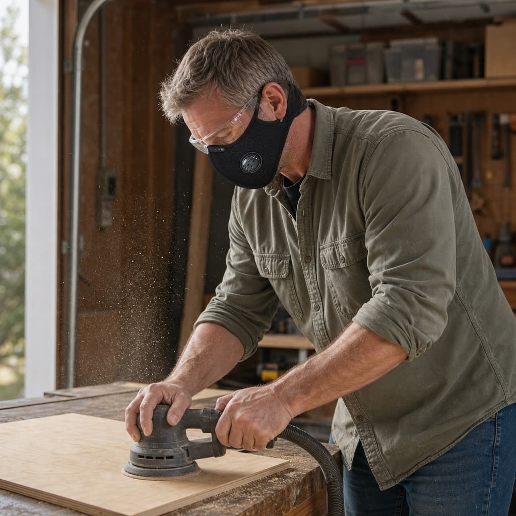 Dustward mask used during workshop sanding