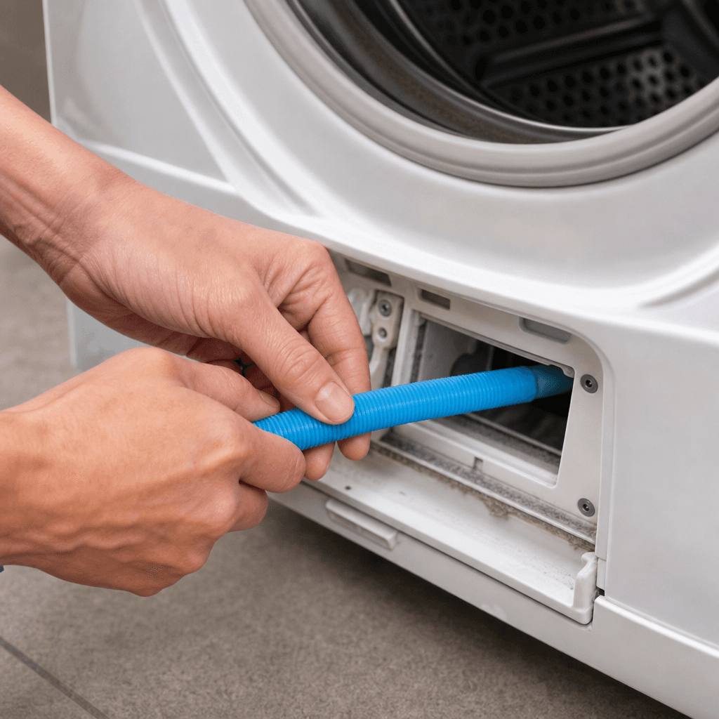Flat blue vacuum hose entering the accessible cavity below a dryer lint screen