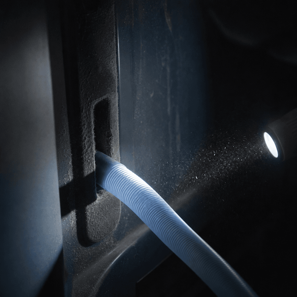 Flat blue vacuum hose reaching into the dusty cavity below a dryer lint screen