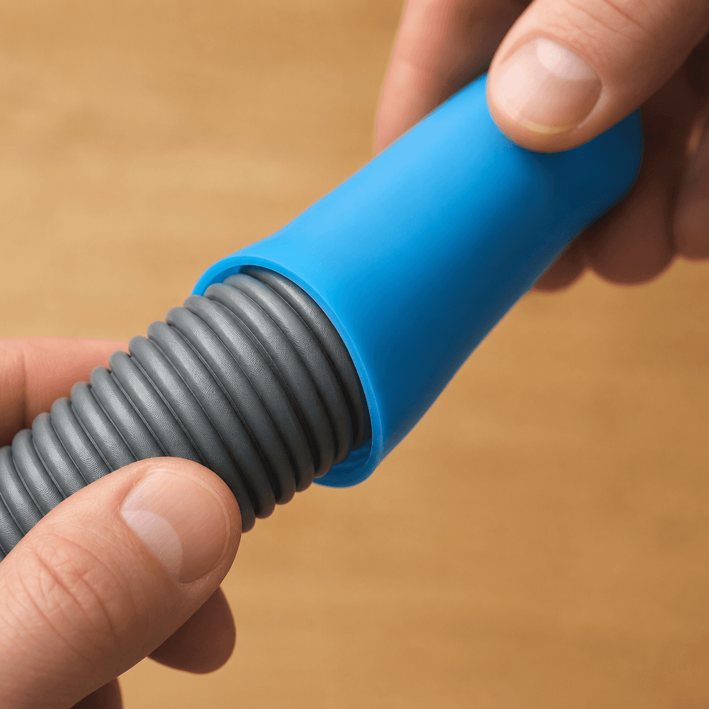 Stretch sleeve sealing the blue attachment over a household vacuum hose