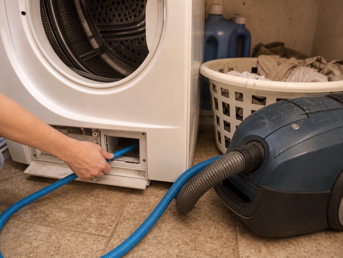 The flat blue hose fed into a dryer lint-screen slot with a household vacuum running beside the machine