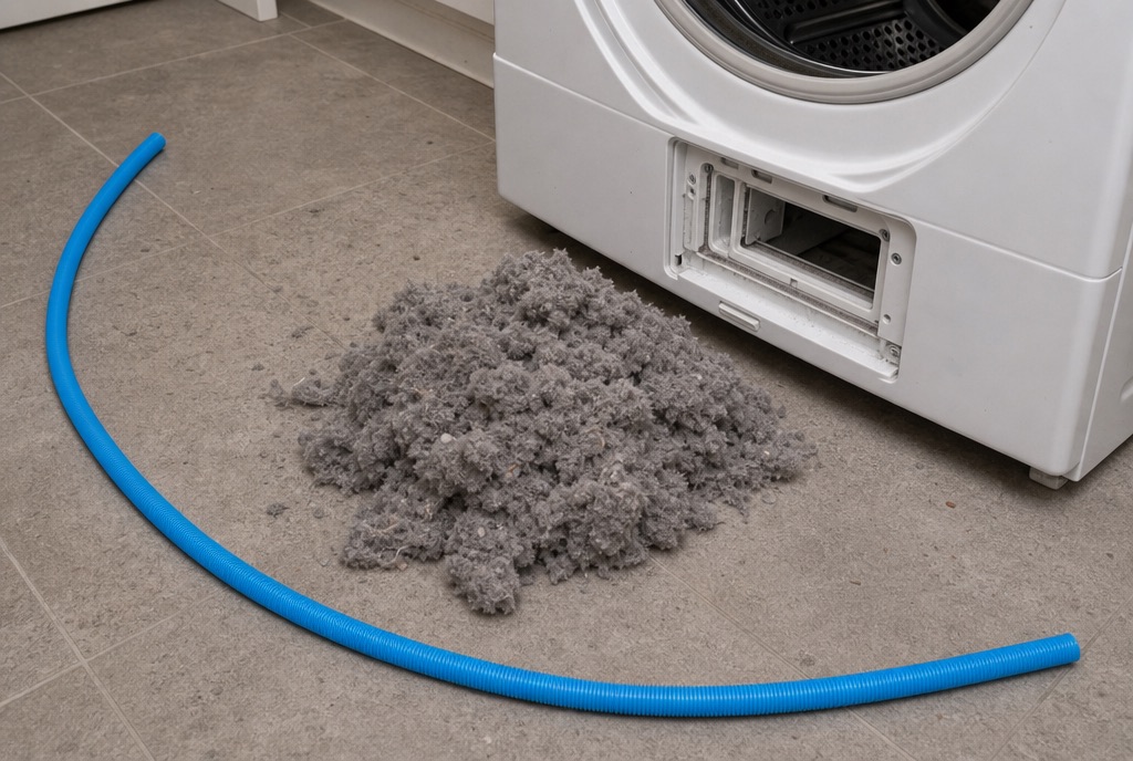 A pile of grey lint pulled from under a dryer lint screen, resting beside the flat blue hose that removed it
