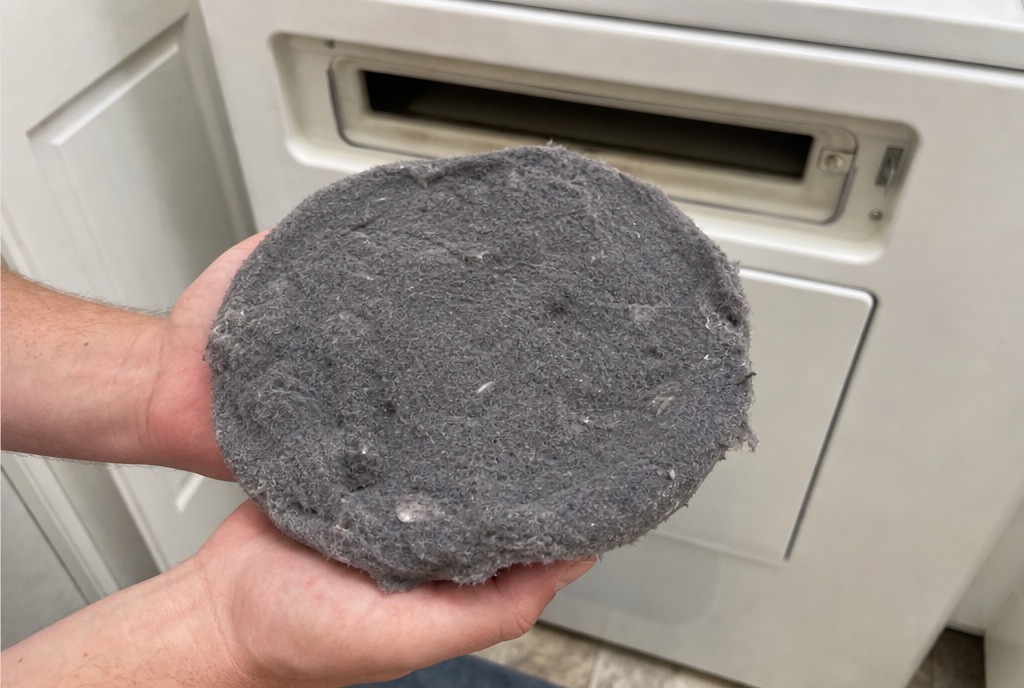 Two hands holding a thick matted pad of grey lint pulled out of a dryer, with the machine behind