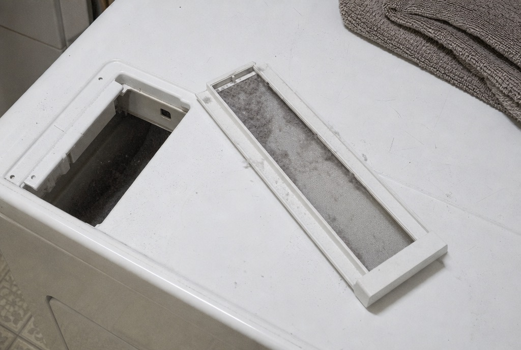 A dryer lint screen pulled out and laid beside the open slot it came from, with fine lint settled in the cavity below