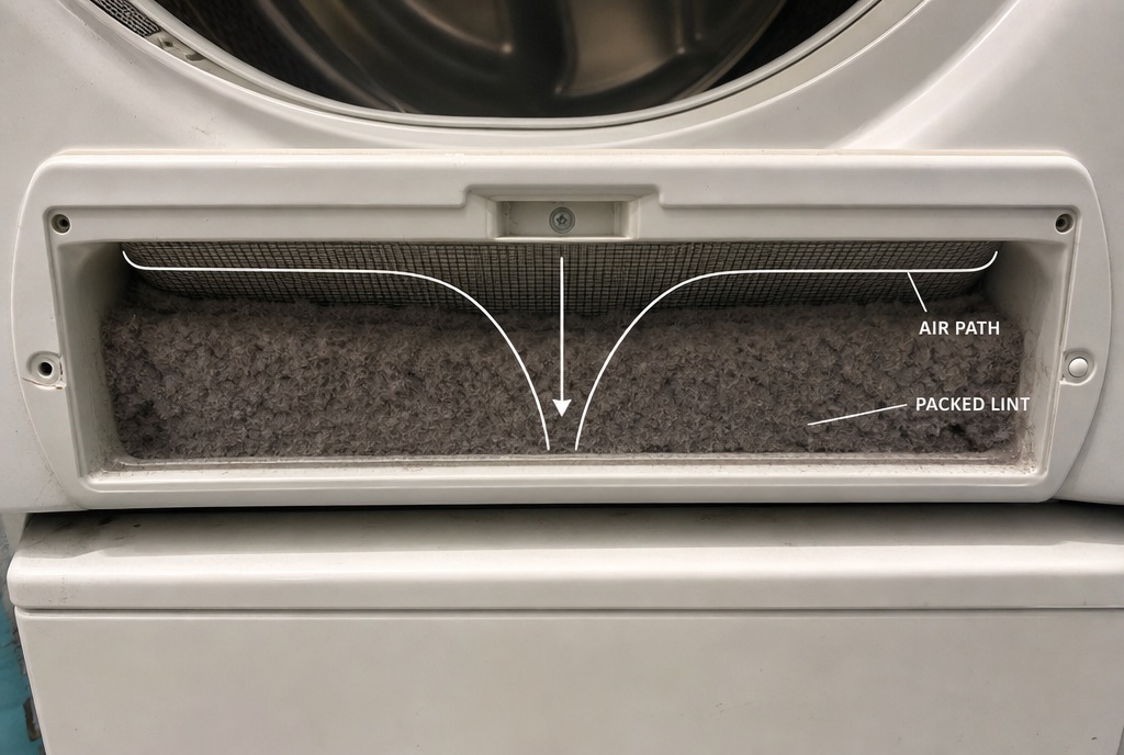 Photograph of a dryer lint-screen cavity packed with grey lint, overlaid with an arrow tracing the air path pinching narrower as it passes the buildup